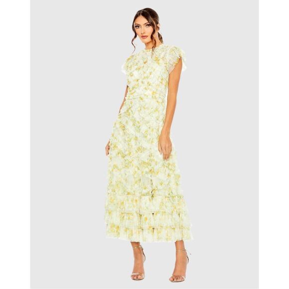 Mac Duggal Dresses & Skirts - MAC DUGGAL Yellow High Neck Ruffle Cap Sleeve Floral Dress Size 4 $458